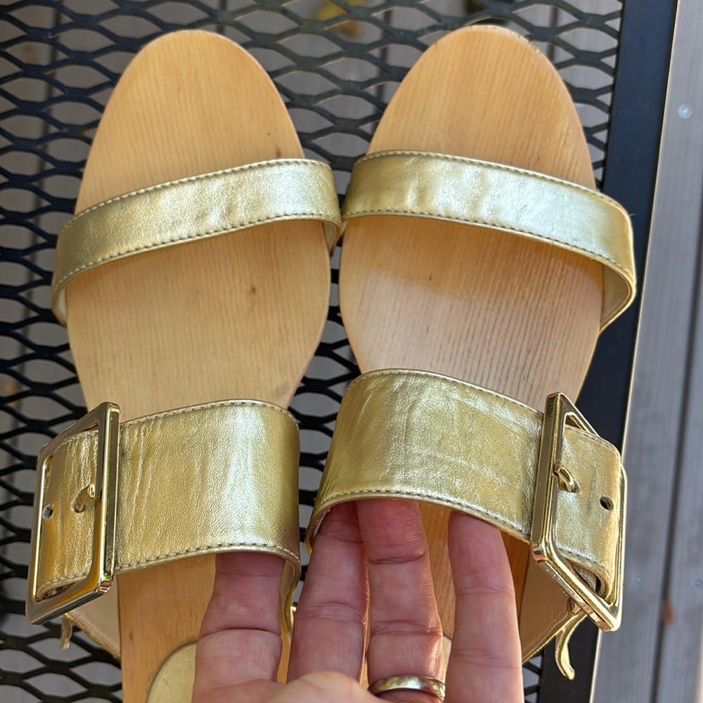 Kate Spade gold double adjustable buckles strap wooden round heel Sandals - Picture 2 of 10